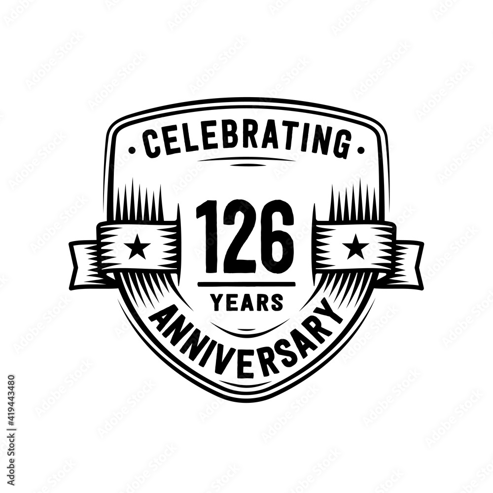 126 years anniversary celebration shield design template. Vector and illustration.
126 years anniversary celebration shield design template. Vector and illustration.