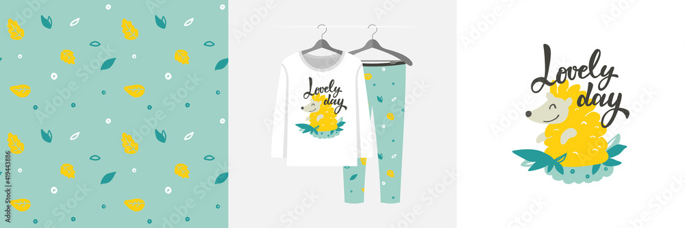 Seamless pattern and illustration set with hedgehog and Lovely day text Seamless pattern and illustration set with hedgehog and Lovely day text