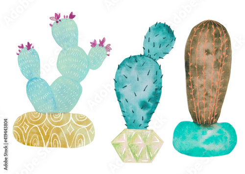 Turquoise 3 cactus set, watercolor clipart details, home plants hobby