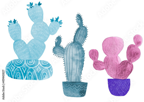 Blue and lilac cactus, watercolor illustration set for design