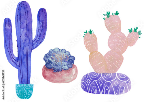 Pastel lilac cute watercolor cactus and succulents for decor, scrapbooking clipart set