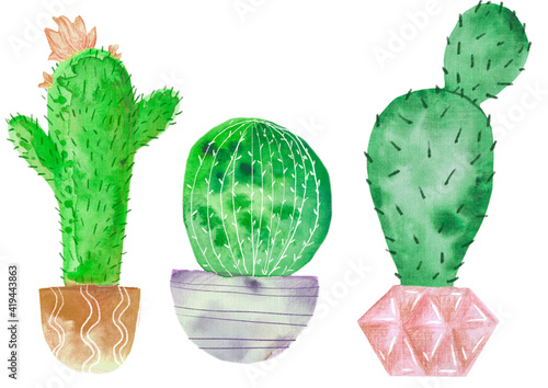 Bright green watercolor cactus set, 3 succulents on white background, home plants in pots