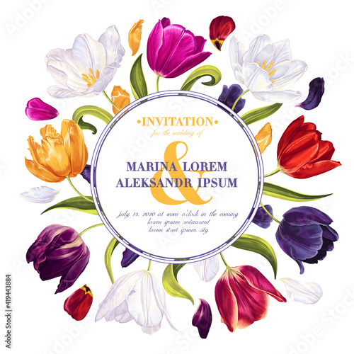 Wedding invitation template, save the date, round frame with highly realistic, multicolored vector tulips. Spring detailed flowers isolated on white background. Design of card, advertising banner.