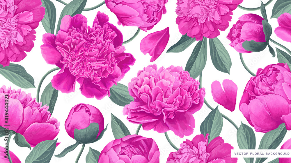 Floral background with spring pink peony leaves and petals on white background for desktop wallpaper for computer, tablet, mobile phone, social media covers. Realistic highly detailed vector plants