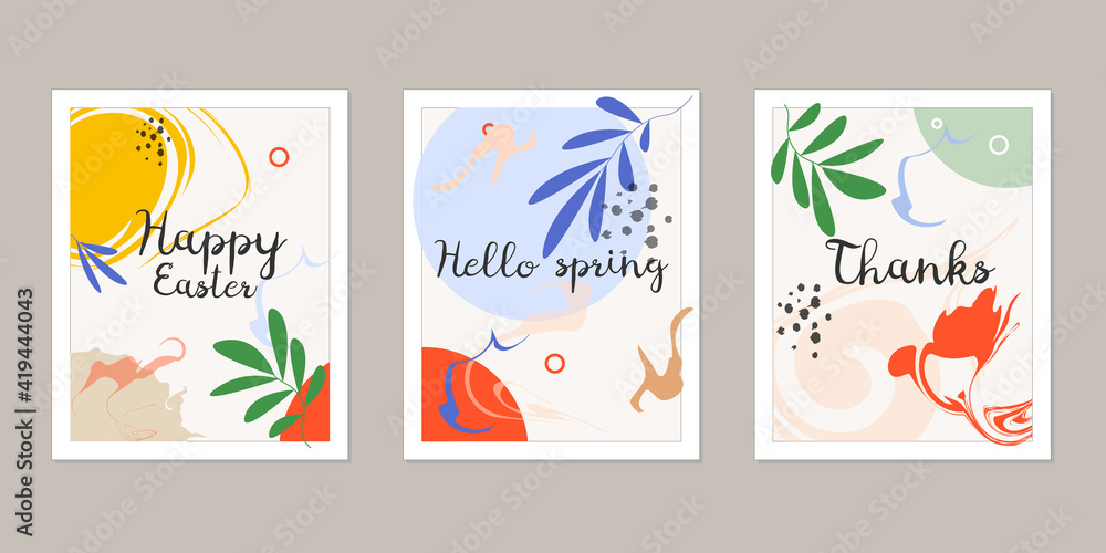 Trendy abstract art templates with simple, floral and tropical elements. For publications on social networks, mobile applications, postcards, backgrounds, banners.