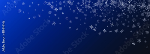 White Snowfall Vector Blue Background. Falling Snow Banner. Gray Light Card. magic Snowflake Backdrop.