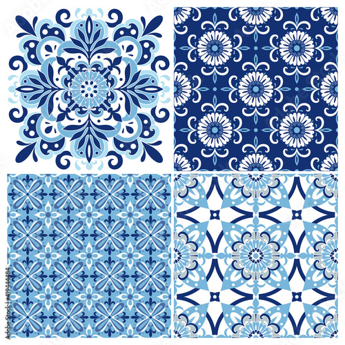 Collection traditional ornate Portuguese tiles azulejos. Ethnic folk ornament. The vintage pattern. Majolica.