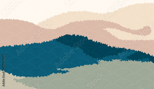 Landscape background with mountain scenery decorated with japanese wave pattern. Vector illustration of travel and adventure theme with abstract nature landscape