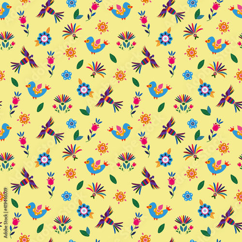 Seamless pattern with cute birds and flowers for the holiday Cinco de mayo. Endless textures for your design.