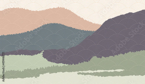 Landscape background with mountain scenery decorated with japanese wave pattern. Vector illustration of travel and adventure theme with abstract nature landscape