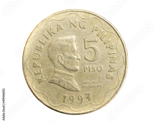 Philippines five piso coin on white isolated background