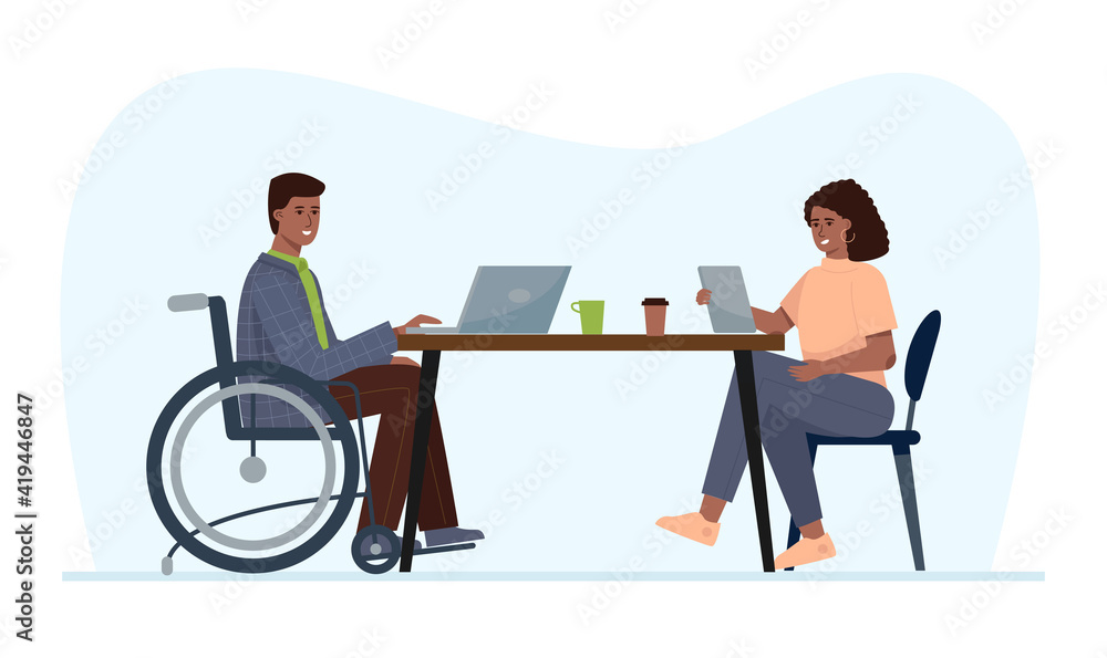 A disabled man works in an office. Employment for people with special needs. A disabled man works in an office. Employment for people with special needs.