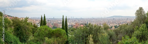 Panoramic view towards coast from Park Güell in Barcelona, Catalonia.