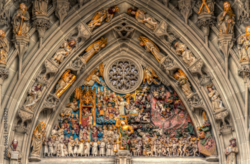 Bild auf Leinwand Detail of Judgment day sculpture at the gates tympanum of the Bern Cathedral in