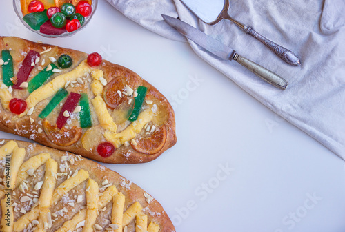 Vertical view of a coca de Sant Joan, a typical sweet flat cake from Catalonia, Spain, eaten at Saint Johns Eve photo