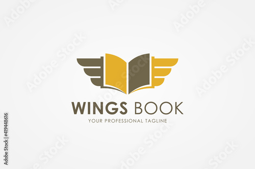 School Education Logo. Green and Gold Geometric Shapes Open Book Symbol with Wings Icon Combination isolated on White Background. Flat Vector Logo Design Template Element.