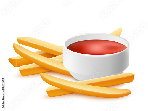 Fried potato or French fries with sauce realistic vector illustration isolated.
