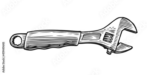 Adjustable wrench in vintage engraving style. Tool sketch vector illustration
