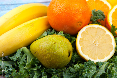 jedzenie, swiezy, zdrowa, zieleń, wegetarianin, czerwień, dieta, owoc, owoc, zółty, składnik, pomarańcz, jarmuż, banan, gruszka