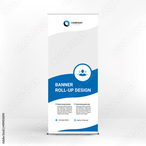 Roll-up banner design, creative stand for conferences, advertising of goods and services, modern flat style, banner for seminars.