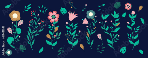 Vector flower set on dark background - Floral decorative elements to use in graphic design. Digital illustration.