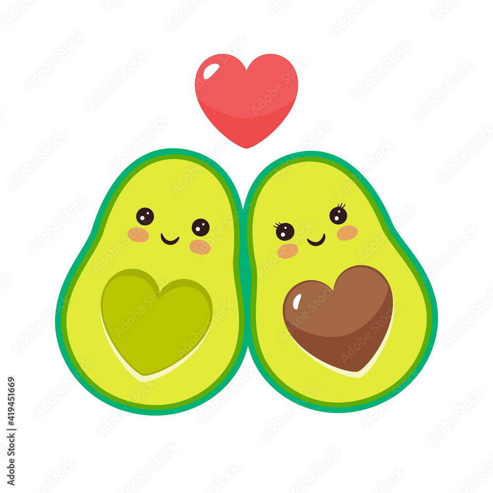 Cute cartoon avocado characters with funny smiles in love. Vector illustration. Cute cartoon avocado characters with funny smiles in love. Vector illustration.