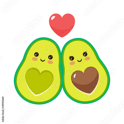 Cute cartoon avocado characters with funny smiles in love. Vector illustration.