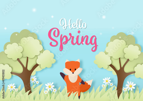 Hello Spring horizontal banner with cute fox paper cut concept. 