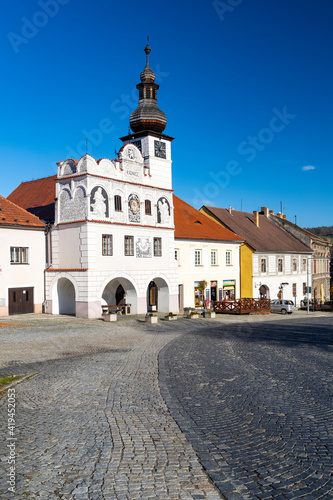 Town hall on square in Volyne, Southern Bohemia, Czech Republic