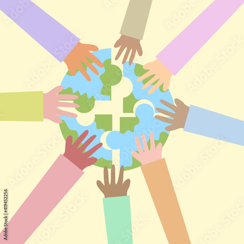 Hands holding globe.Unity and teamwork concept.Multi-ethnic beauty.People of various nationalities and skin color.Earth day on 22nd april.Peace and calm poster.Jigsaw puzzle.