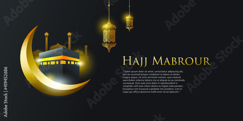 Hajj Mabrour background template for social media with Kaaba, moon and lantern. Vector