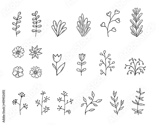 Set of hand-drawn flowers and plants.Doodle style, sketch,simple botanical line,drawing with floral elements,minimalism.Isolated.Vector illustration.