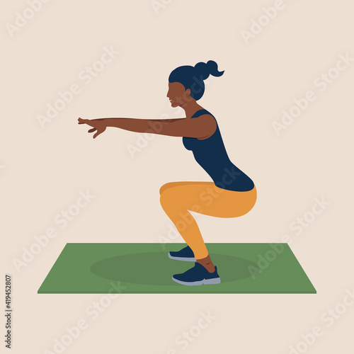 Young african american Woman in sportwear doing squats on mat. Fitness, Aerobic, workout and exercise in gym or home. Concept Healthy lifestyle. Sport outfit. Trendy flat isolated vector illustration