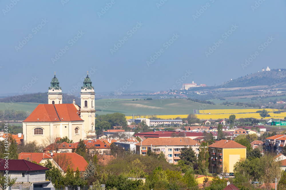 Valtice castle with Palava hills and Mikulov, Southern Moravia, Czech Republic