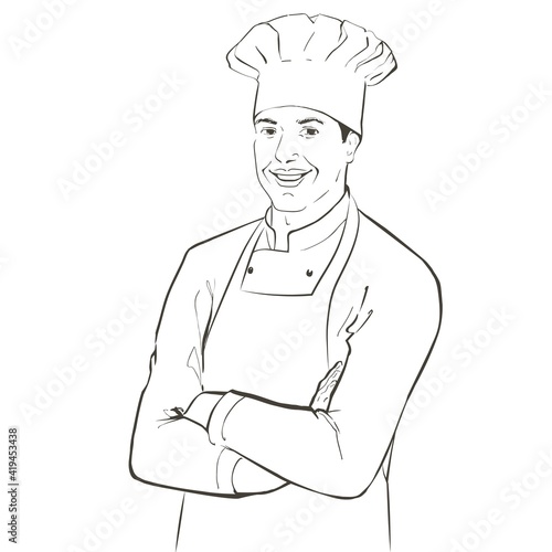 Chef in working uniform. smiling Baker in a chef cap in the restaurant kitchen, standing with crossed arms. Vector line sketch realistic vintage hand-drawn illustration