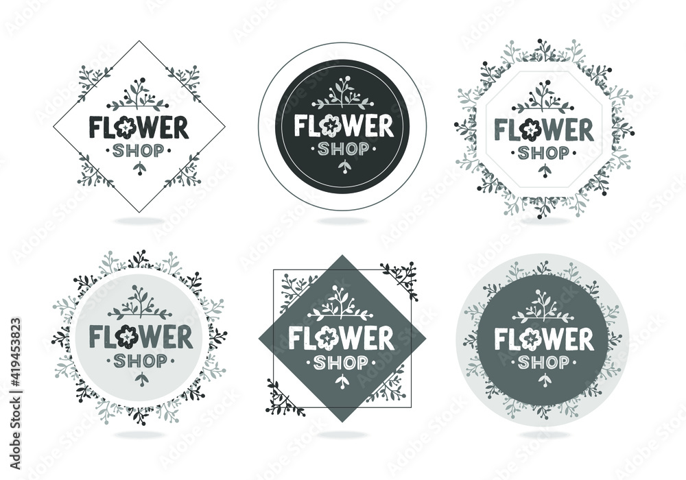 Set of Premade Logo in Trendy Hand Drawn Style - Emblem for Flower Shop, spa, beauty salon, organic shop, interior, wedding. Floral elements. Black and white Vector illustration