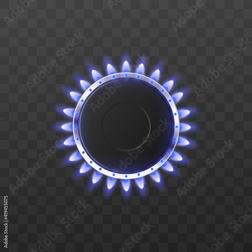 Gas hot glowing blue flame burner of kitchen stove a vector 3d illustration.