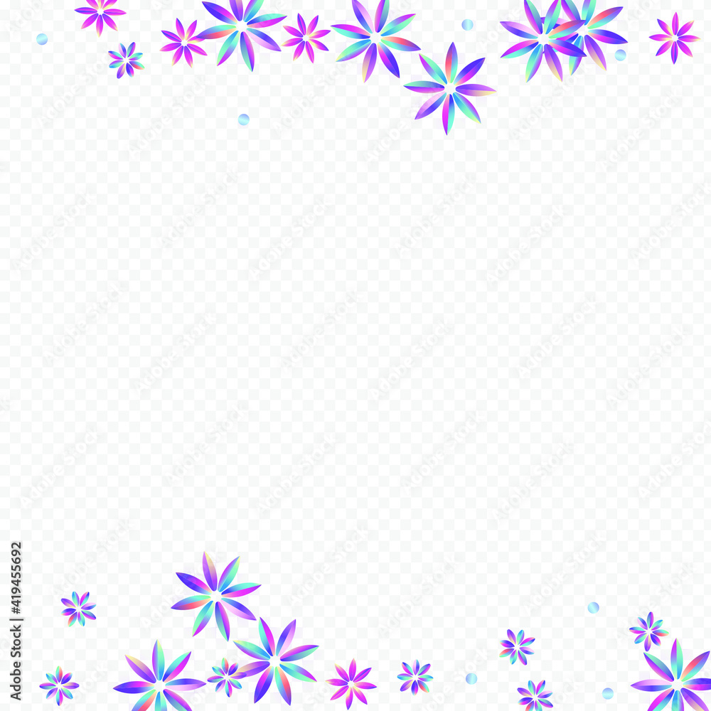 Holographic Petal Summer Transparent Background. Rainbow Inflorescence Brochure. Holiday Gradient Template. Blue and Pink Flower Graphic Design.