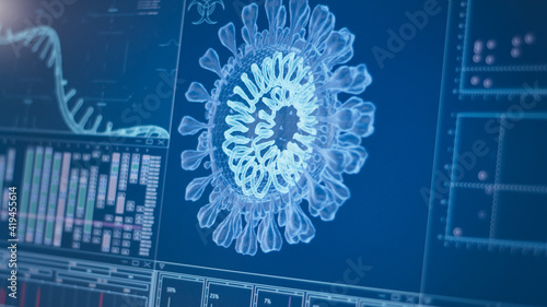 Futuristic laboratory equipment - coronavirus testing. Virus model on screen photo