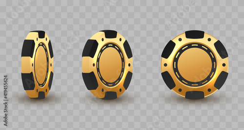 Set of 3d gold and black poker chips, token with shadow on transparent background. Vector illustration for card, casino, game design, flyer, poster, decor, banner, web, advertising.