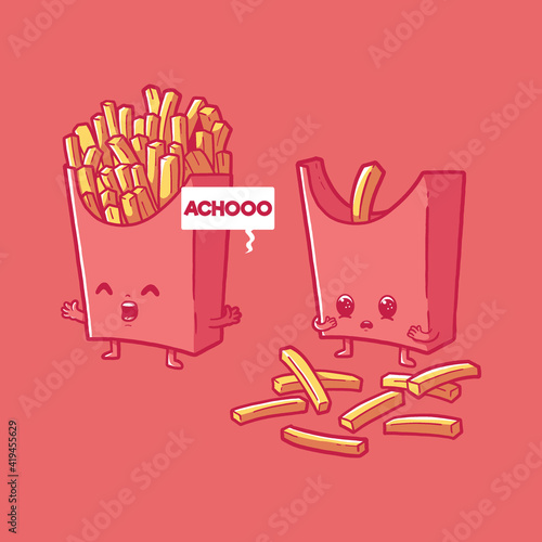 French fries sneeze vector illustration. Fast food, cold, funny design concept.