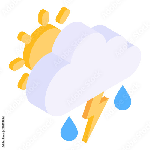
Cloud with drops denoting isometric icon of raining 

