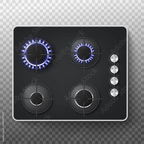 Modern kitchen gas stove panel, realistic vector illustration isolated.