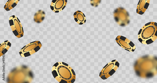 Falling golden with black poker chips, tokens on transparent background. Vector illustration for casino, game design, flyer, poster, banner, web, advertising.