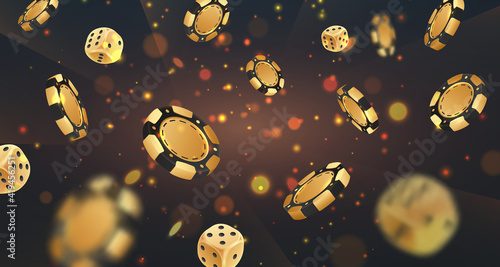 Falling golden poker chips, tokens, dices on black background with gold lights, sparkles and bokeh. Vector illustration for casino, game design, flyer, poster, banner, web, advertising.