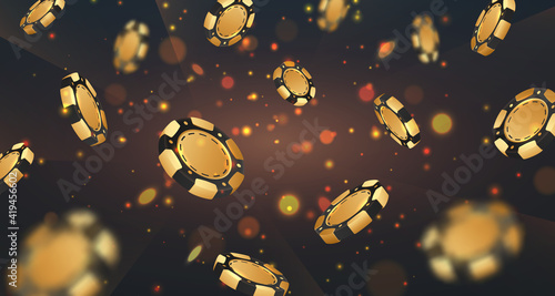 Falling golden poker chips, tokens on black background with gold lights, sparkles and bokeh. Vector illustration for casino, game design, flyer, poster, banner, web, advertising.