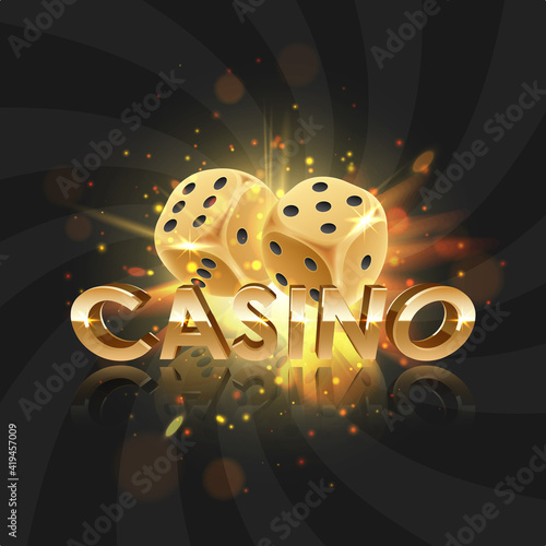 Golden logo casino with gold dice  with reflection and golden lights, rays, sparkles. Concept for game design. Vector illustration for card, flyer, poster, decor, banner, web, advertising.