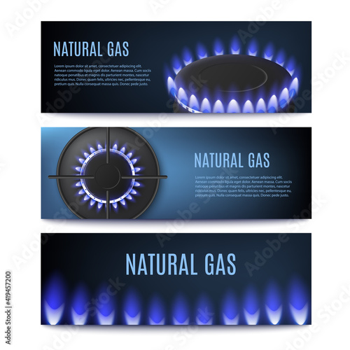 Hot gas burners with glowing blue flame of kitchen stove or heat equipment.