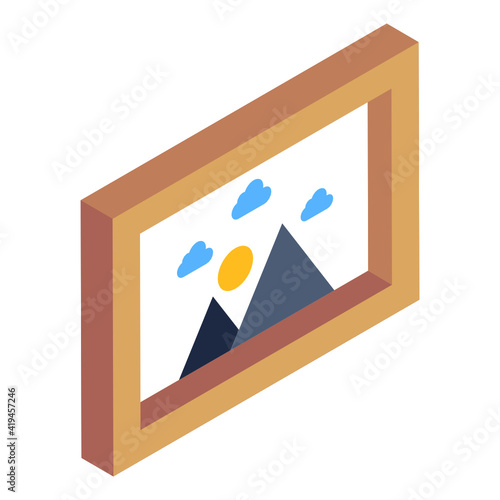 
A painting frame of landscape in isometric icon

