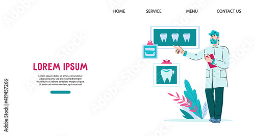 Website template for dental clinic with smiling friendly dentist male cartoon character, flat vector illustration. Landing web page interface for dentistry and stomatology medical services.